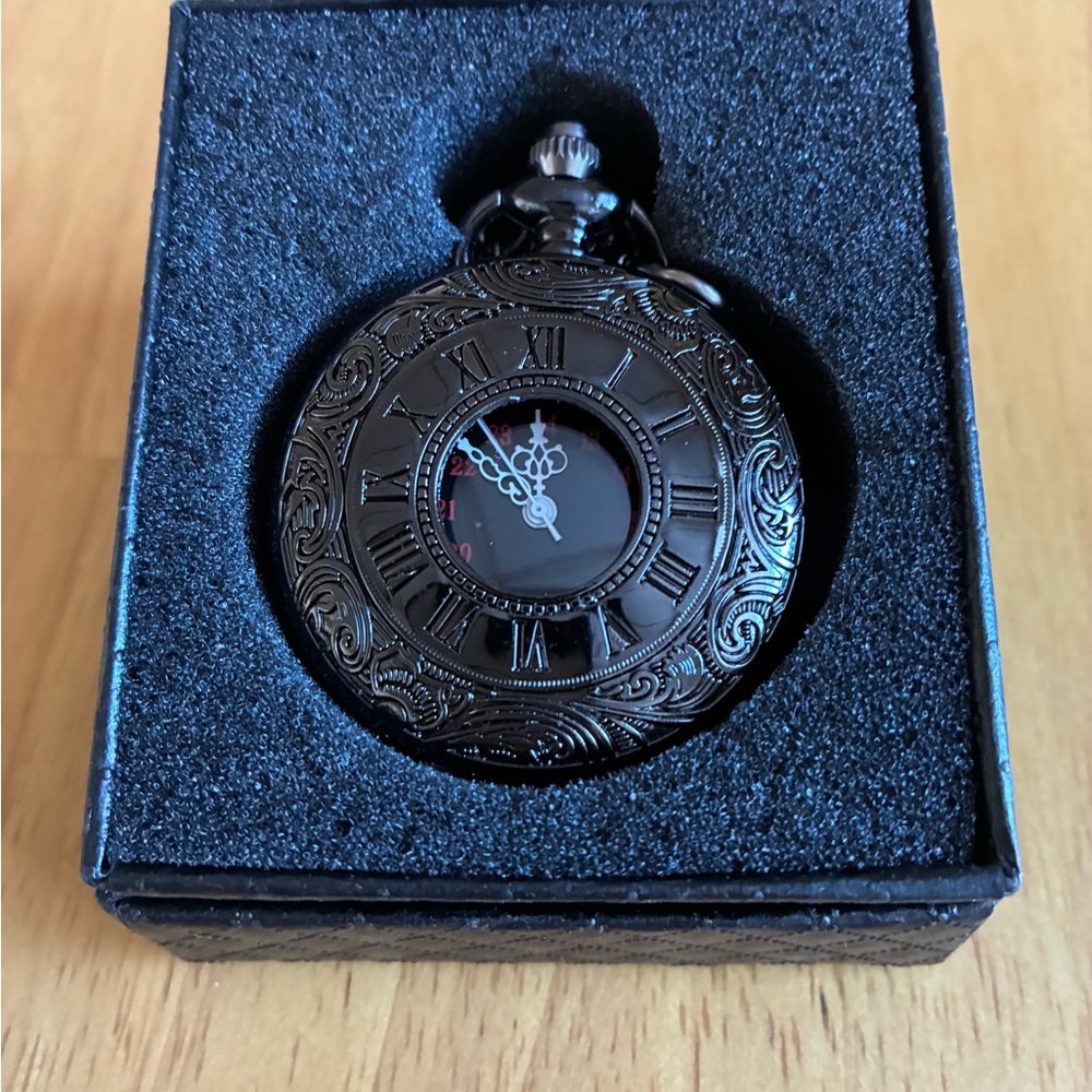 Black Vintage-Style Pocket Watch with Red 24-Hour Markers